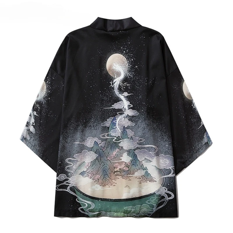 التنين الصيني الأسود ارتفاع الشمس فضفاض موضة Harajuku اليابان كيمونو الخارجي للنساء والرجال ملابس خارجية ملابس الشاطئ