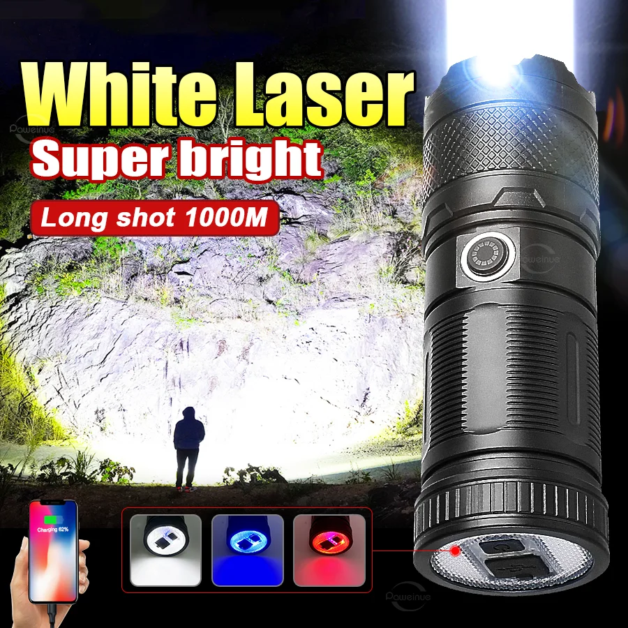 

High Power White Laser LED Rechargeable Flashlight COB Flood Light Type-c Charging Powerful Lantern 5 Modes Portable LED Lamp