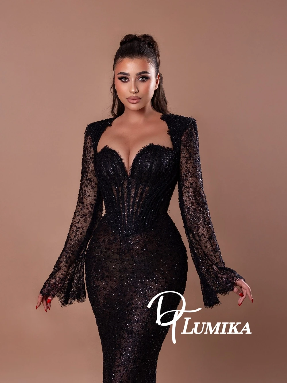 

Black Sweethear Neck Evening Dress Beaded Sequined Mermaid Flare Sleeves Classy Cocktail Gown Customized Corset Sexy Prom Wear