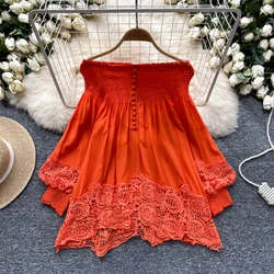 Chic Elegant sexy off shoulder cut out lace PATCHWORK lantern sleeve ruffle t shirt Top Korean Fairy Top summer sweet Wome