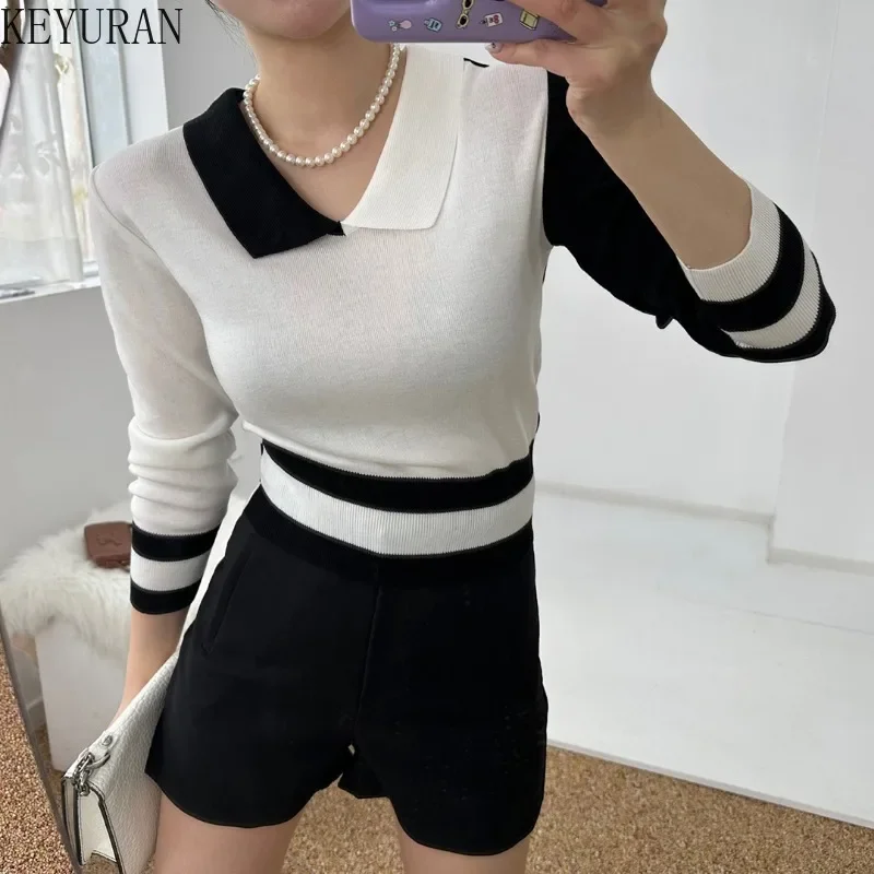 2024 Autumn Color Blocked Knitted Sweater Women Korean Fashion Chic Casual Slim Long Sleeve Crop Tops Pullovers Sweaters Jumpers