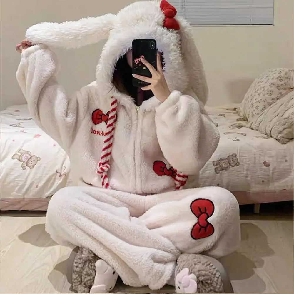 Mono de invierno Kawaii Hello Kitty, pijamas de felpa de una pieza, pijamas de Anime para mujer, ropa de casa de estudiante de terciopelo Coral grueso cálido