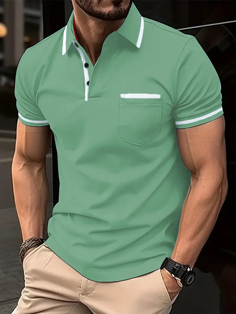 New Men's POLOS Shirt Casual Classic Comfort Solid Color Breast Pocket Lapel Button Short Sleeve Pullover Tops