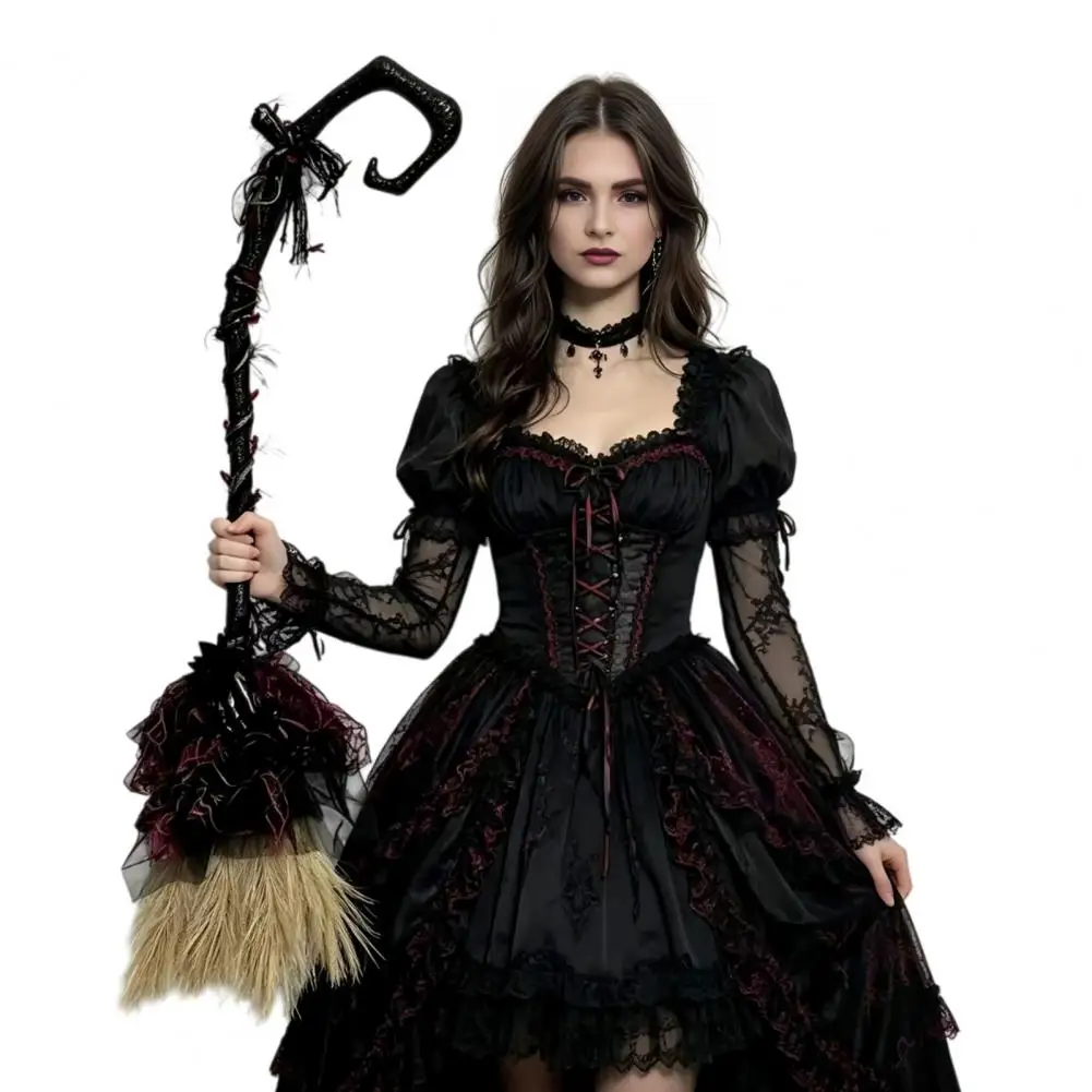 Decorative Plastic Broomstick Halloween Theme Party Supplies Halloween Witch Broom with Black Tulle Rose Skeleton Hand for Party