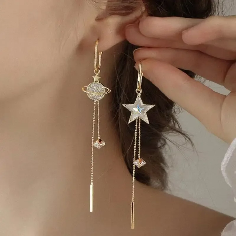 2024 New Trend Star Earth Long Tassel Dangle Earrings For Women Planet Crystal Statement Pendant Earrings Wedding Party Jewelry