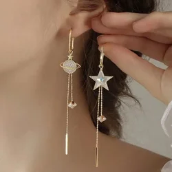 2024 New Trend Star Earth Long Tassel Dangle Earrings For Women Planet Crystal Statement Pendant Earrings Wedding Party Jewelry