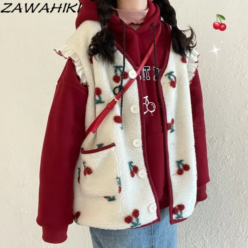 Japanese Two Piece Set Women Cherry Print Ruffles Patchwork Sweater Vest + Pocket Drawstring Solid Hoodies Casual Ropa Mujer