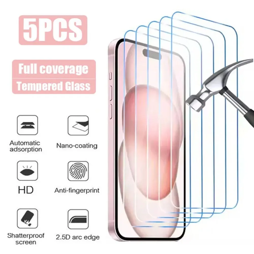 5PCS Tempered Glass For iPhone 14 15 13 12 11 16 Pro Max Mini Screen Protector for iPhone X Xs Max Xr 7 8 Plus SE 2020 Glass