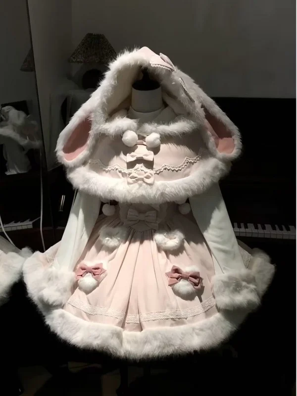 

Cute Rabbit Ear Faux Fur Collar Shoulder Wrap Set Women's Autumn Winter Fashion Ensemble Plush Long Sleeve Zipper Closure Gown