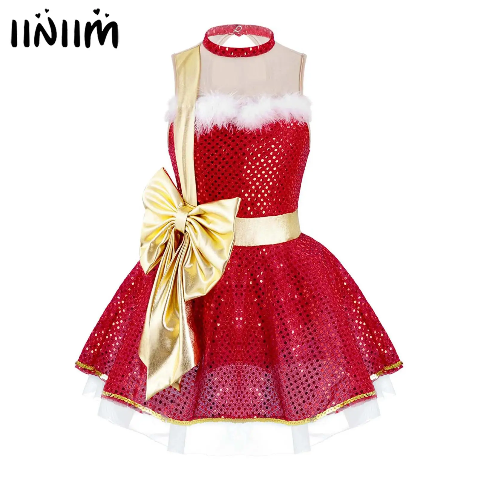 

Girls Santa Claus Christmas Xmas Cosplay Costume Candy Cane Party Dress Up Sequins Ballet Tutu Gymnastics Figure Skating Dress