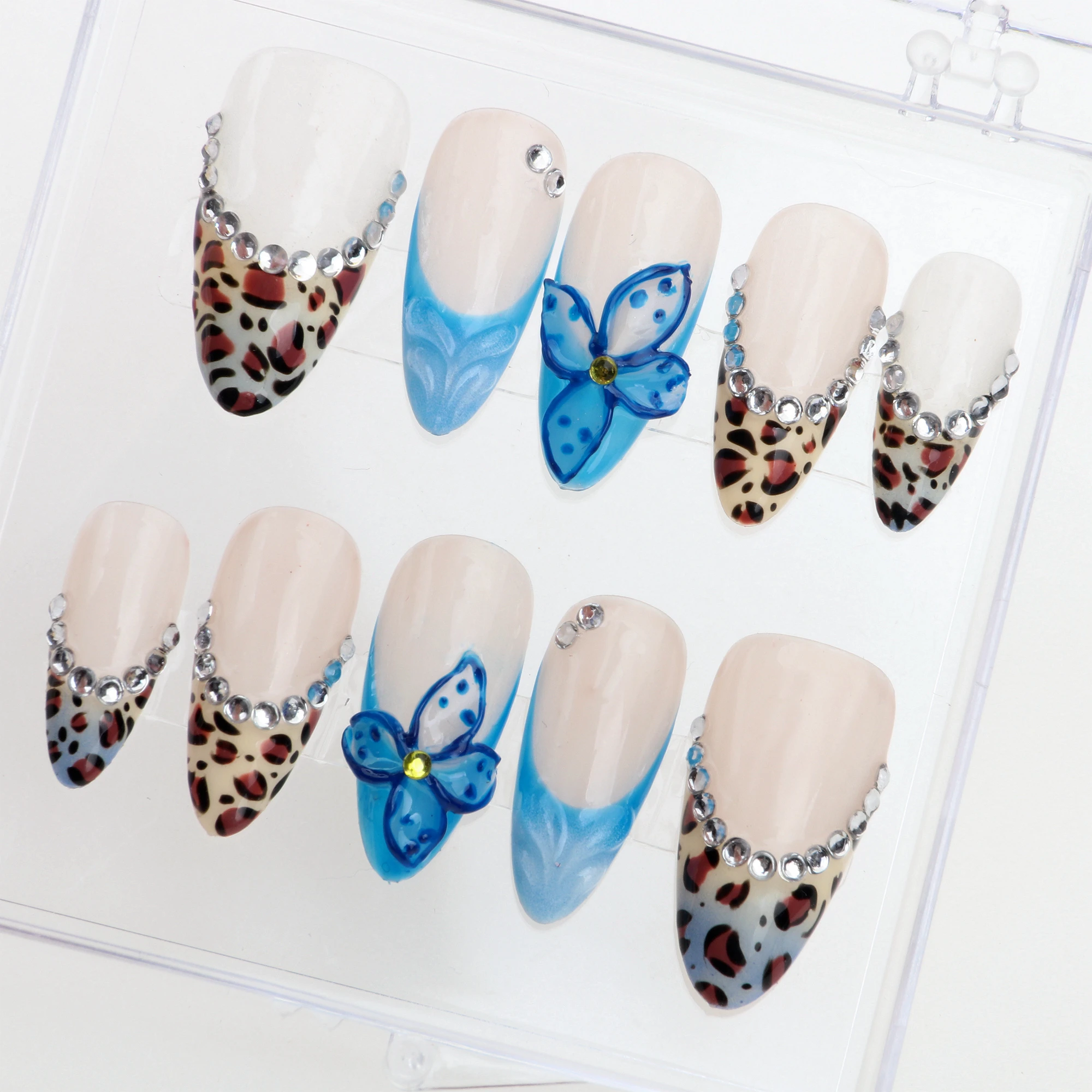 10Pcs Gel Blue Flower Nails Custom Press On Nails hand painted leopard French Tips Design nails Acrylic Fake FreeStyle Nail Set