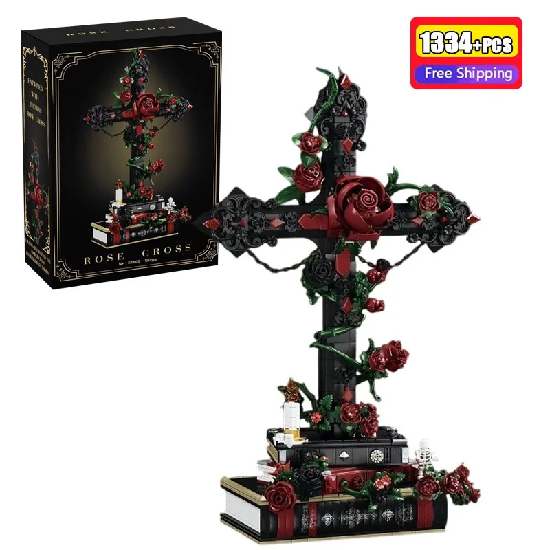 

1334Pcs Building Blocks Gothic Rose Cross Vintage Black Thorns Flower Model Romantic Valentine Gift Desktop Ornament Toy