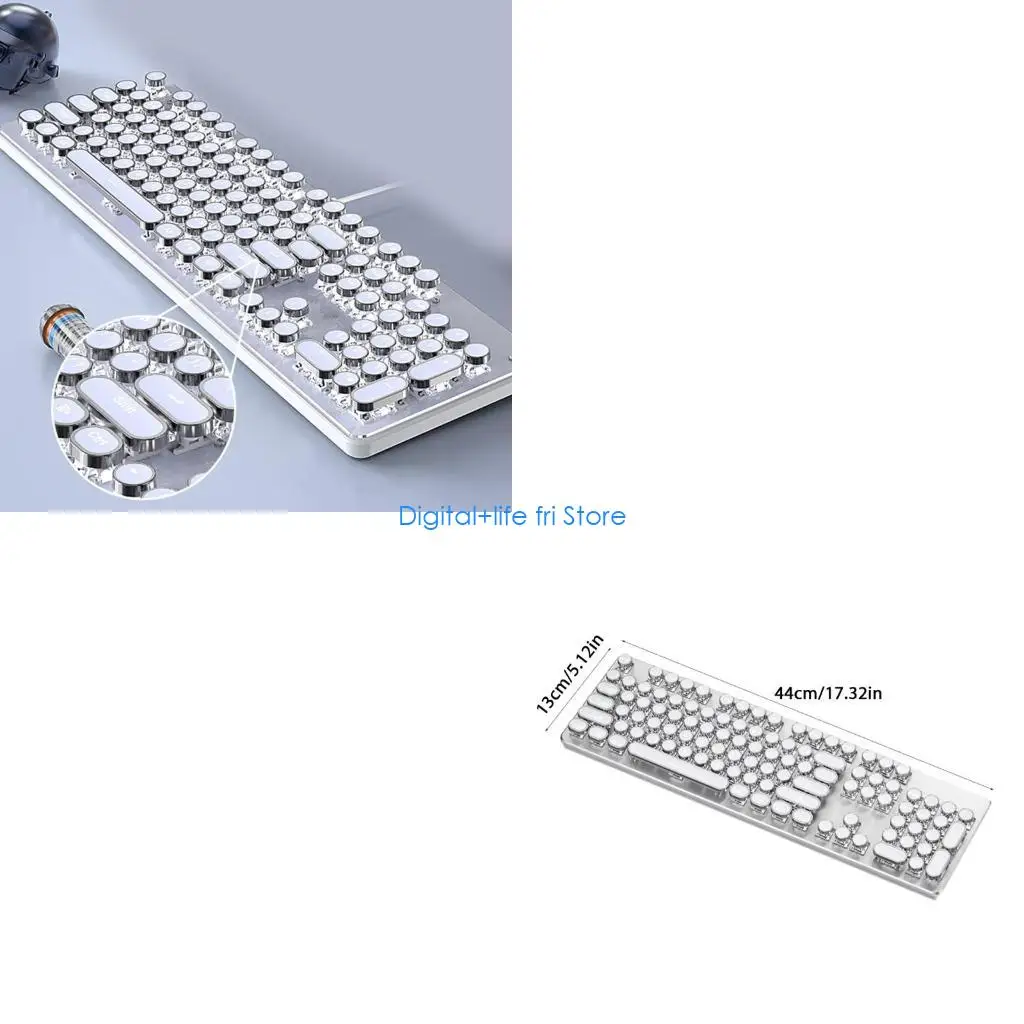 E06D Retro Punk Round Keycap Mechanical Keyboard for Gamers 104 White Lighting Media Control White