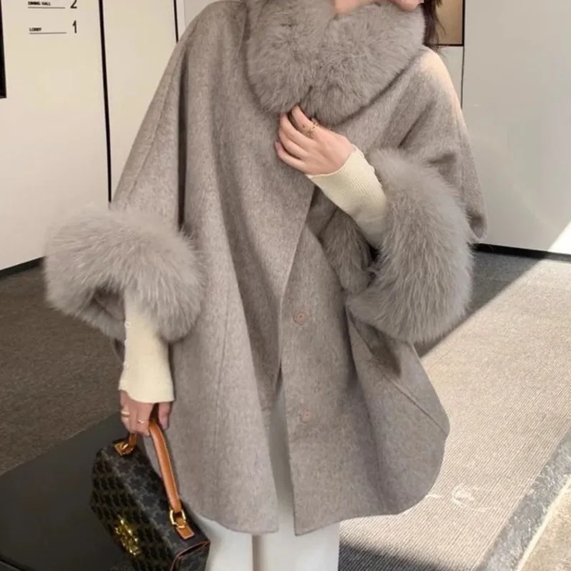 EAEOVNI 가을 겨울 신상 울 재킷 여성 패션 퍼 스플라이스 디자인 벨트 허리 조임 루즈 코트 우아한 2025 의류