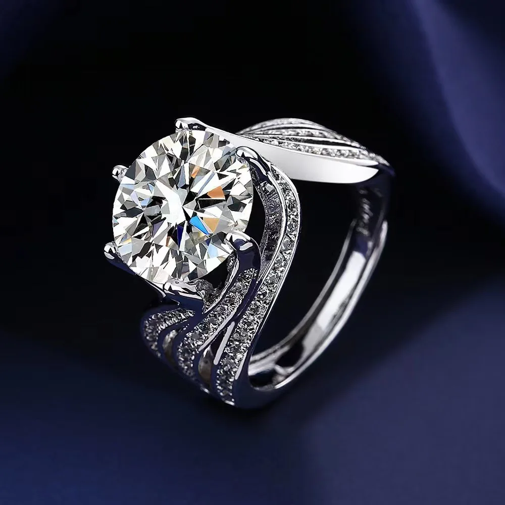 HX New Light Luxury 5ct Ring Female Imitation Mozambique Diamond Ring with Adjustable Opening, Trendy Fashion Jewelry