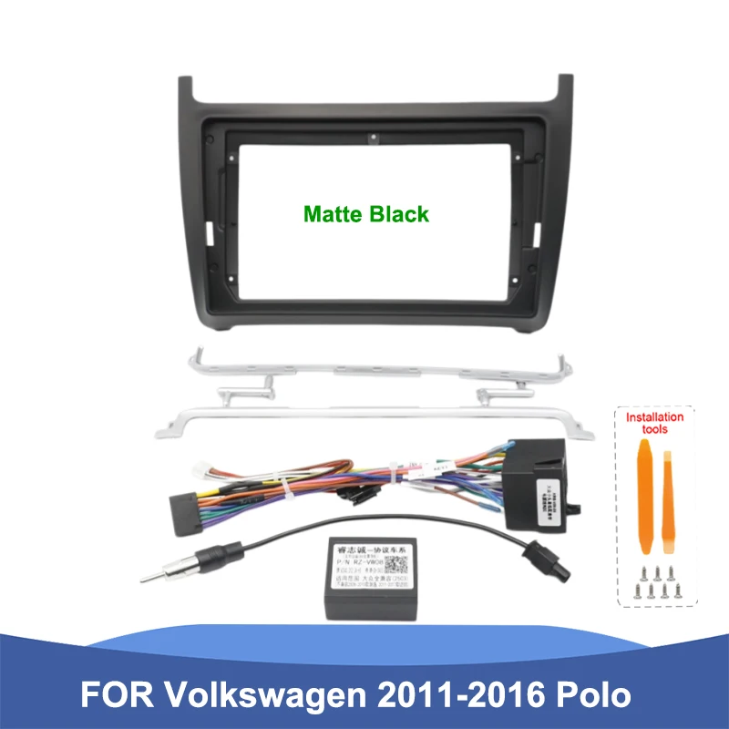 For Volkswagen Polo 2011-2016 9 Inch Dashboard Installation Panel Matte Black Optional Wiring Harness CANBUS Adapter