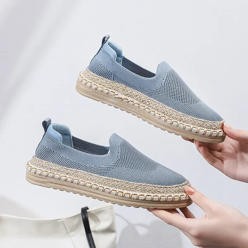 Espadryle nowe buty damskie lniane mieszkania moda dzianinowa tkanina siateczkowa mokasyny konopne wsuwane buty na co dzień damskie trampki