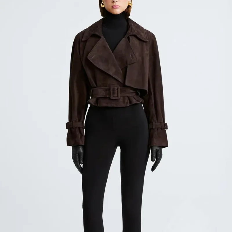 ZOCI سترات نسائية عتيقة بياقة مقلوبة مع وشاحات بقصة ضيقة عصرية عصرية ملابس الشارع معطف قصير أنيق لشتاء 2025