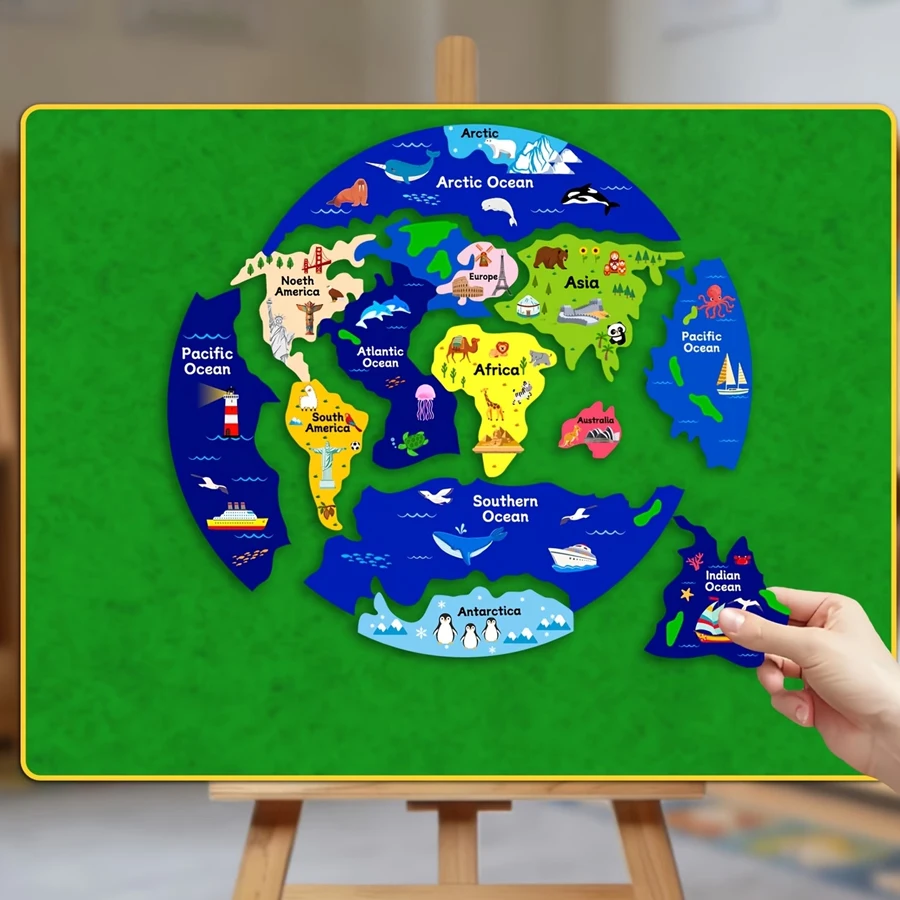 Puzzle en feutre de la carte du monde pour enfants, jouet éducatif interactif sur les 7 continents et les océans, outil pédagogique de géographie Montessori pour la salle de classe