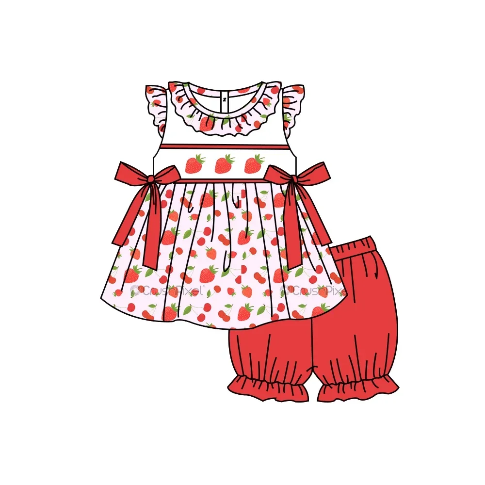 

Girls strawberry series suspenders strawberry print shorts lace and pearl shorts elastic children's set baby romper dress