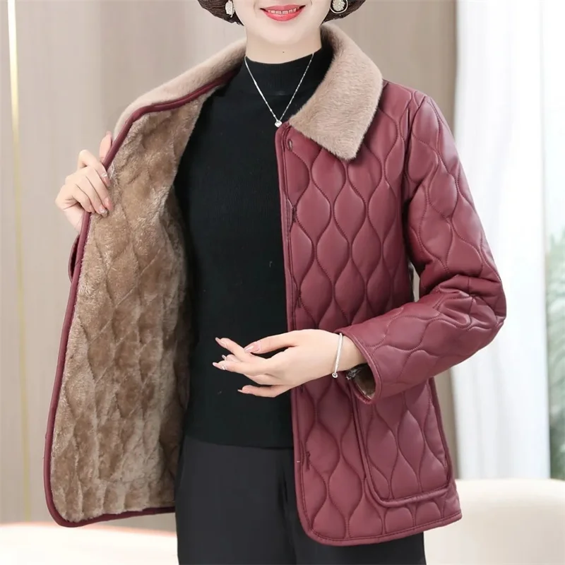 Chaqueta de lana de cuero PU para mujer, abrigo corto, prendas de vestir de mediana edad exteriores, Tops cálidos delgados, chaquetas acolchadas de algodón peludo, Invierno