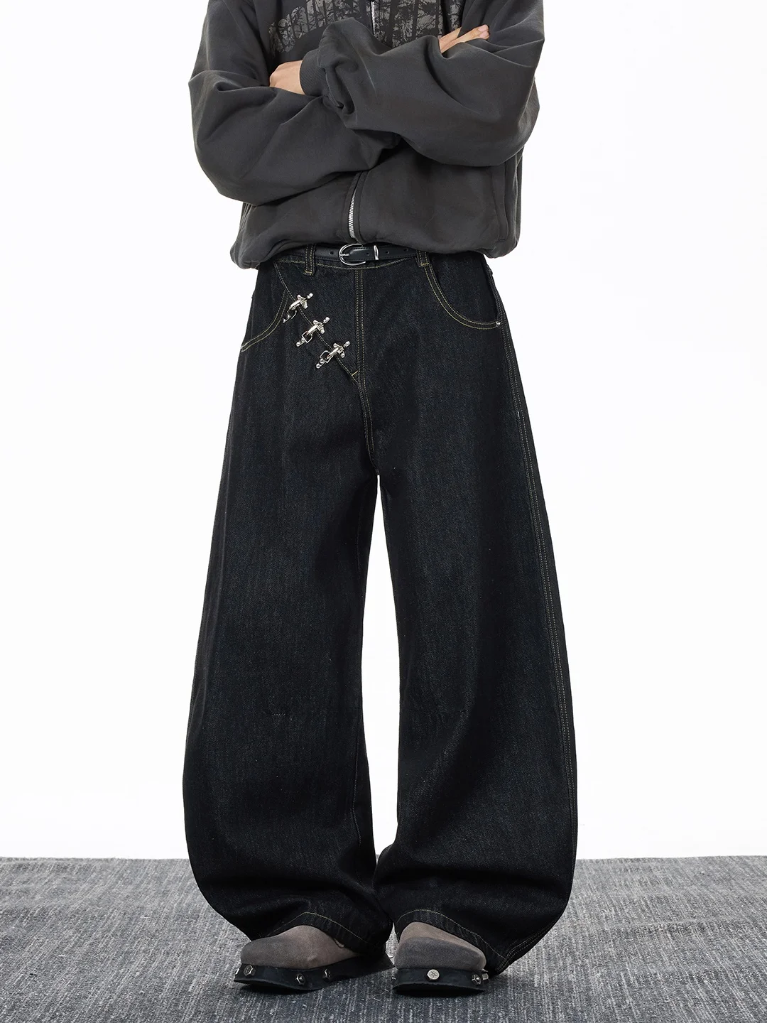 

American Style Loose Leg Men's Jeans Winter Casual Straight Cut Pants mid Waist Zipper Fly Plane Buckle Loose Fit Long Trousers