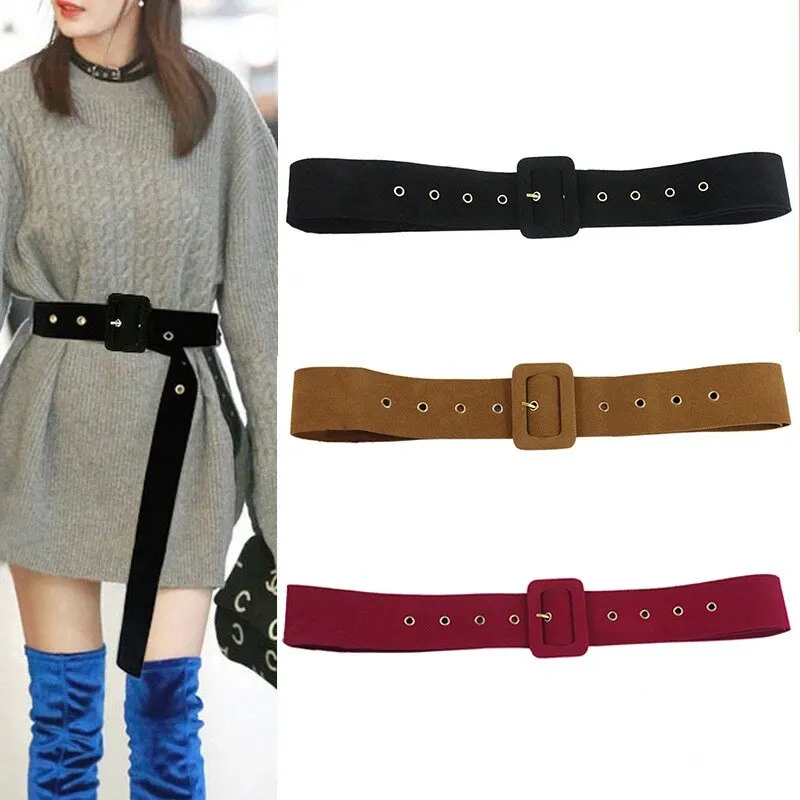 New Women's Wide Waist Cover Soft Deer Skin Velvet Square Buckle Belt Fashion Flocking Fabric Wide Belt Paired with Coat Skirt