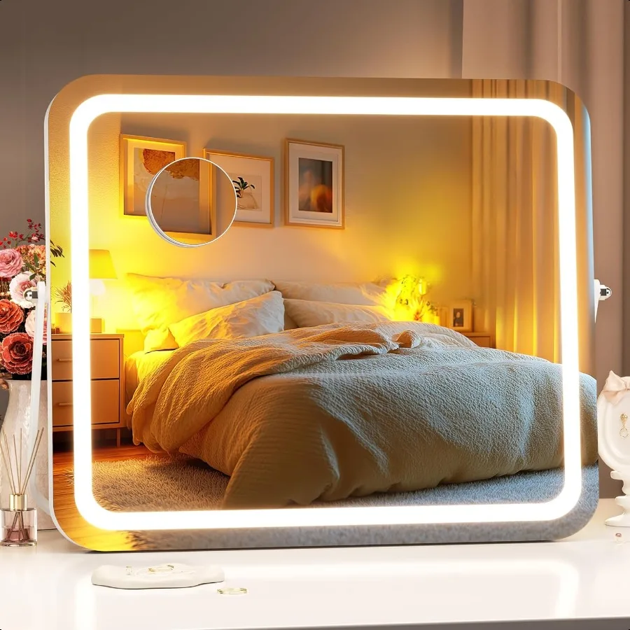 

Vanity Mirror with Lights 15 x 13 LED Makeup Mirror odes Light Smart Touch Control Dimmable 360Rotation Rec White Frame with 5X