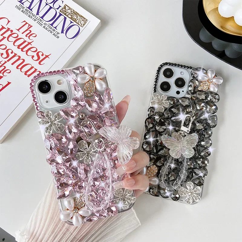 

Jewelled Rhinestone Case With Diamond Flowers & Pearl Bracelet For Xiaomi 13 14 POCO X3 X4 X5 F4 F5 PRO M4 M5 M6 Cover