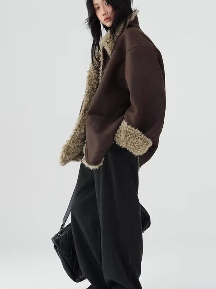 Casaco de inverno dupla face nova pele integrada casaco camurça curto motocicleta terno feminino emagrecimento versão coreana jaqueta série coreana