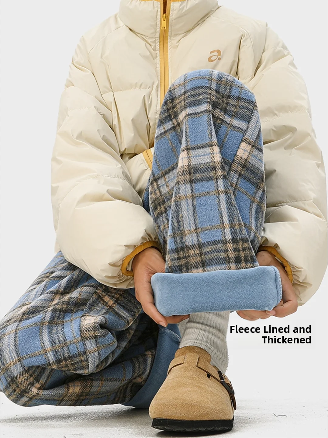 

Blue Lazy Plaid Woolen Cotton Pants Men Women Winter Fce Lined Thi Warm Straight Leg Casual Trousers Wide Leg Pants