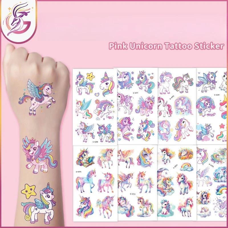 Pink Unicorn Tattoo Stickers 10Pcs Magical Cute Design for Theme Party Decoration Disposable Waterproof for Kids Girls Birthday