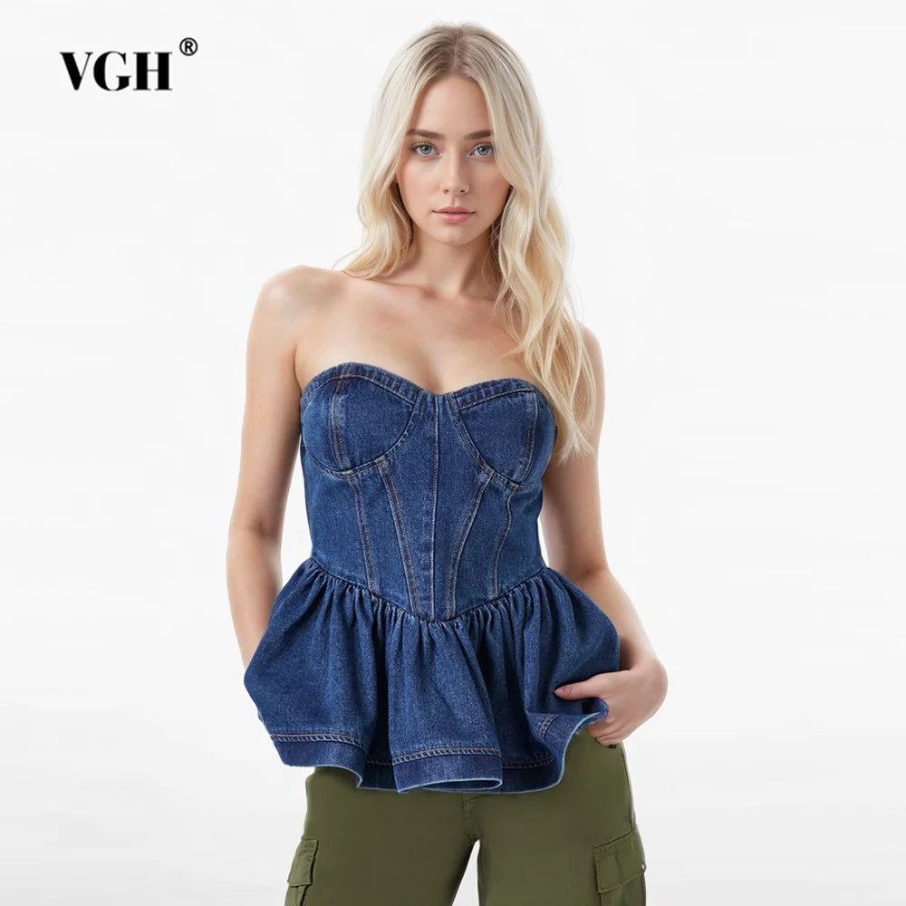 

VGH Solid Patchwork Folds Tunic Denim Tank Tops For Women Strapless Sleeveless Backless Sexy Slimming Vests Female Fashion New