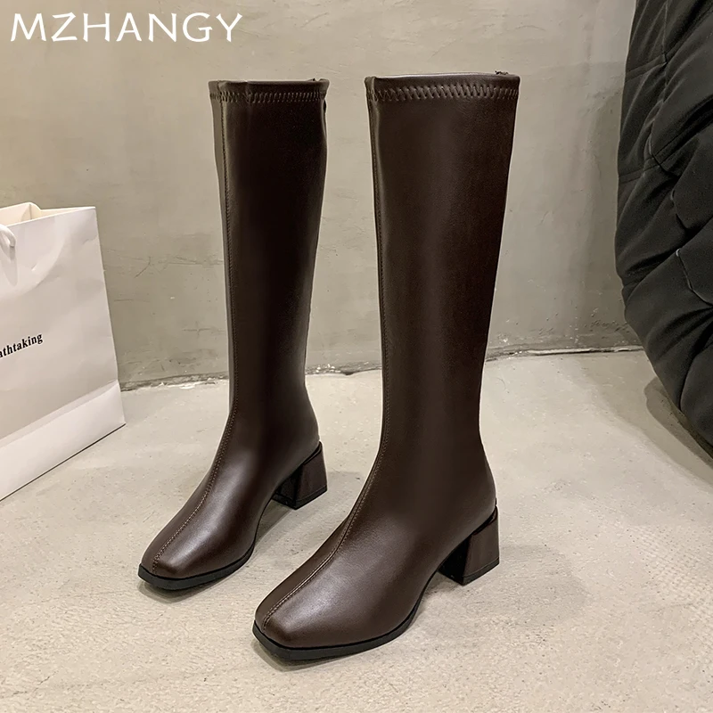 Bottes de Neige en Cuir à Talons Mi-Hauts pour Femme, Chaussures Chaudes et Confortables à la Mode, Nouvelle Collection Hiver 2024