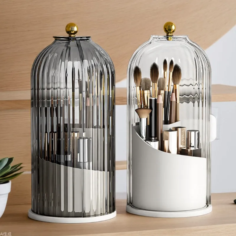 Birdcage Brush Holder Shelf Dustproof Compartment Desktop Cosmetic Organizer Rotating Makeup Brush Organizer Cartridge