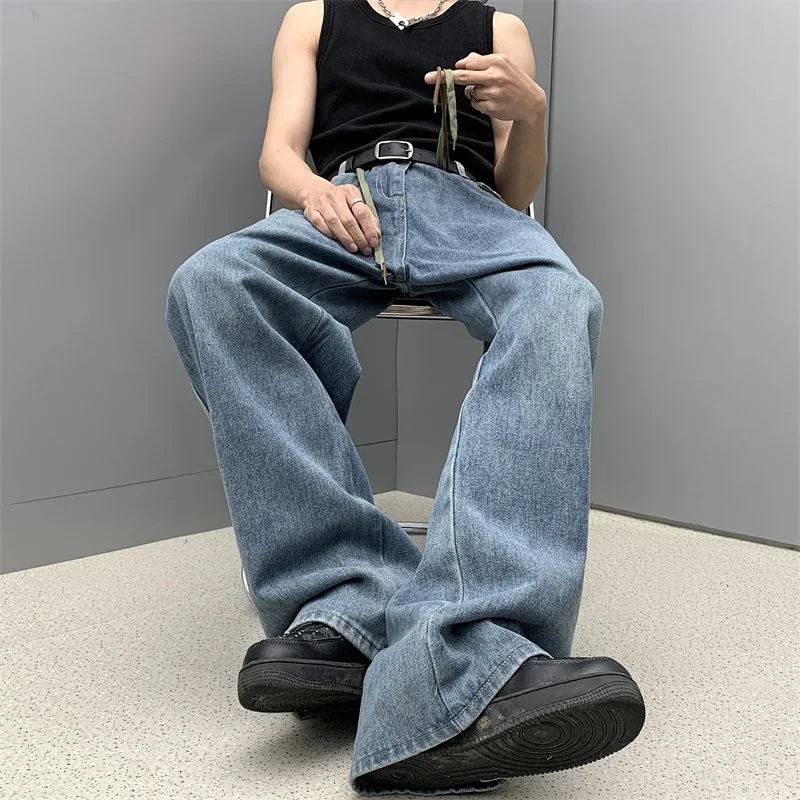 

High Street Double Drawstring Loose Wide Leg Jeans Side Weave Tape Drapey Feel Trendy Design Casual Straight Fit Jeans