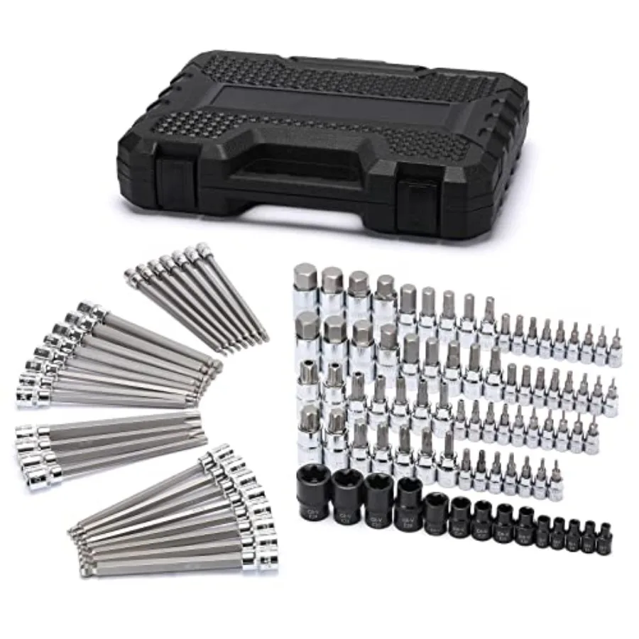 

107PCS Bit Socket Set 1/4" 3/8" and 1/2" Drive Hex/Torx/Tamper Proof Torx/E-Trox/Long Ball End Hex CR-V S2 Steel SAE/Metric