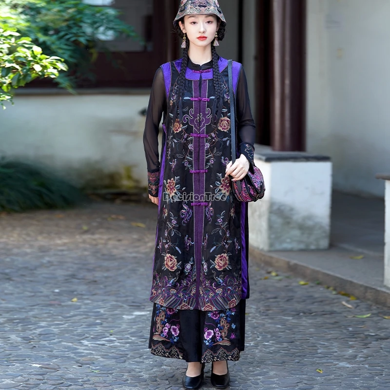 

2025 осень зима китайский этнический стиль вышитый ретро длинный жилет жилет без рукавов воротник-стойка свободное пальто жилет t001