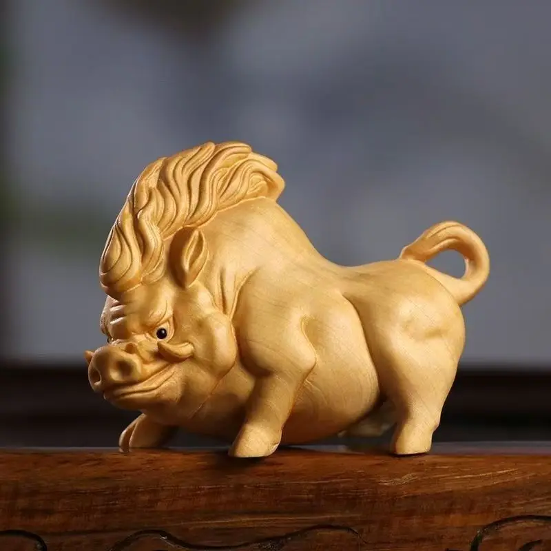 Hand‑Carved Boxwood Wild Boar Figurine, Chinese Zodiac Pig Solid Wood Hand Piece, Pocket Worry Craft, Home Desktop Ornament