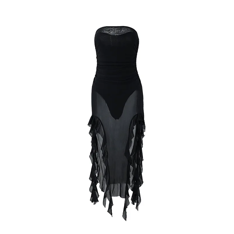 2025 new women's clothing European and American summer sexy babes tube top perspective Korean net splicing jellyfish lace dress