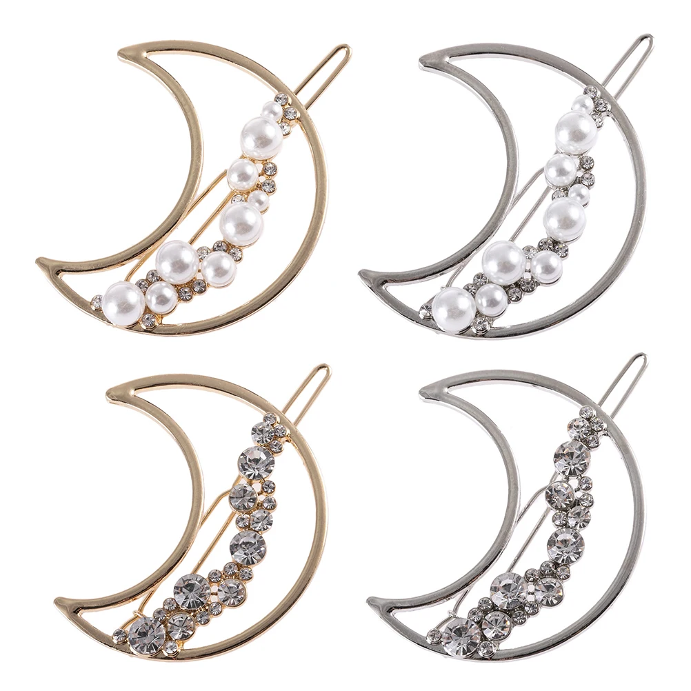 

4pcs Pearl Rhinestone Moon Barrettes Hollow Hair Clips Women Headdress Salon Styling Thick Hair Decor Blow Drying Sectioning Non