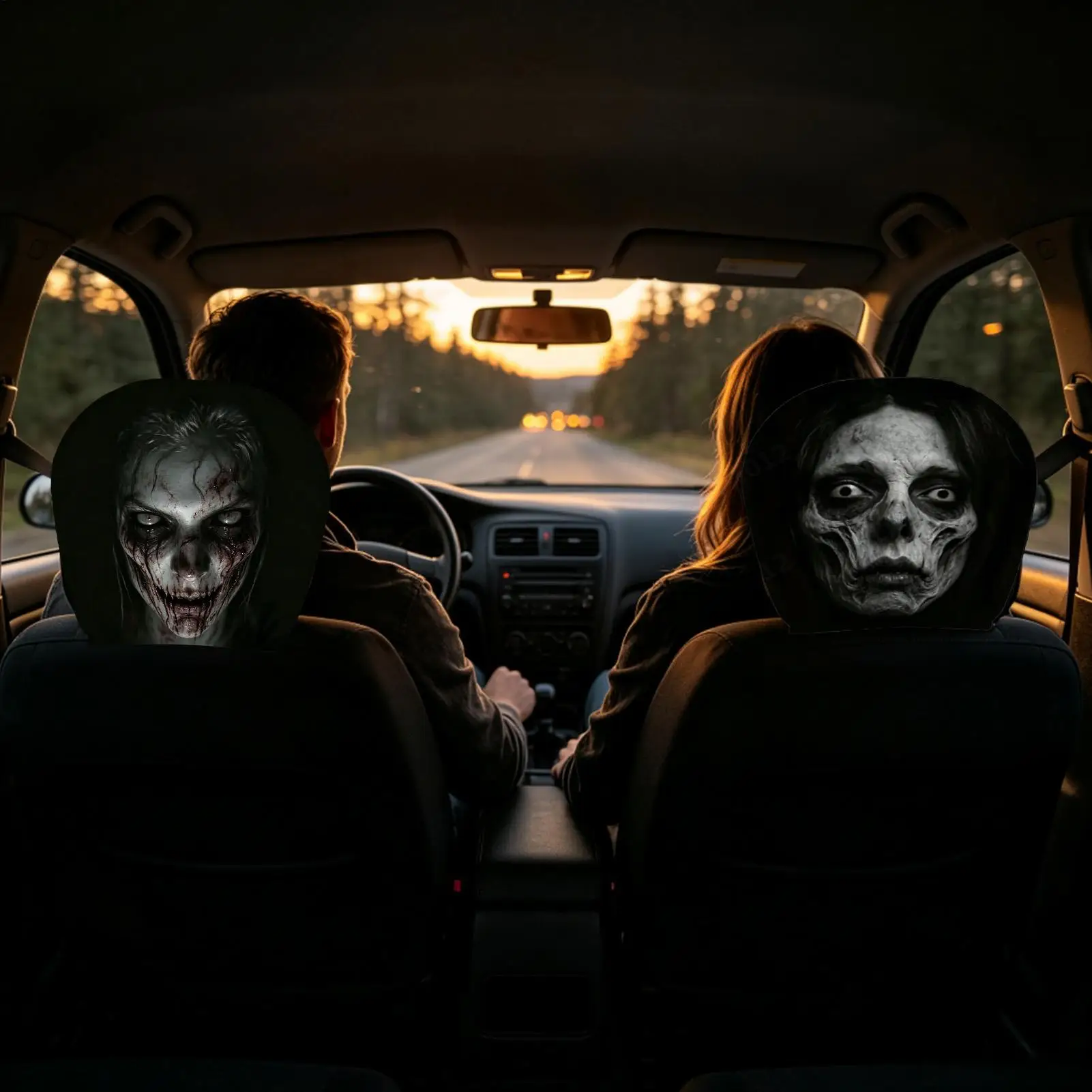 Ghost Face Headrest Covers 2 Pieces Spooky Halloween Interior Accessories Funny Head Rest Cover For SUV RV Sedan Pickup