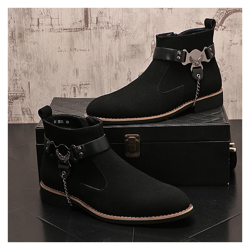 men fashion stage nightclub dress chelsea boots black brown cow suede leather shoes cowboy ankle boot designer cool short botas