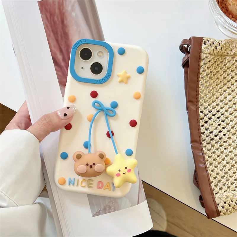Niedliche bunte Polka Dot 3D Cartoon Bär Sterne Silikon weiche Handyhülle für iPhone 17 16 15 14 13 12 Pro Max stoßfeste Abdeckung