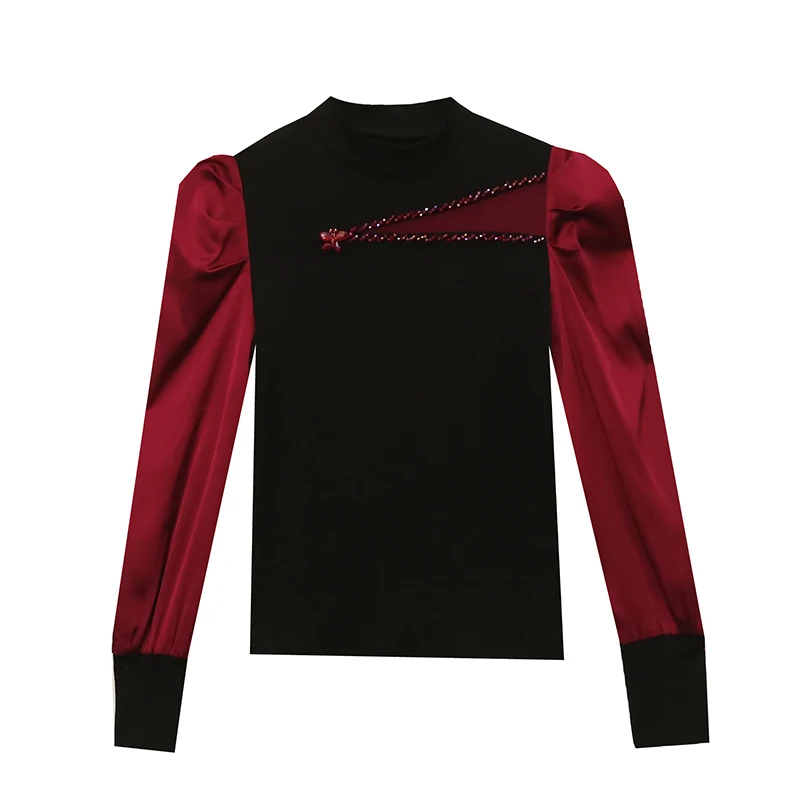 Camicia elegante con perline sottili Abbigliamento da donna Pendolarismo Impiombato Colori contrastanti Autunno Inverno Camicetta a collo mezzo alto Top Nuovo