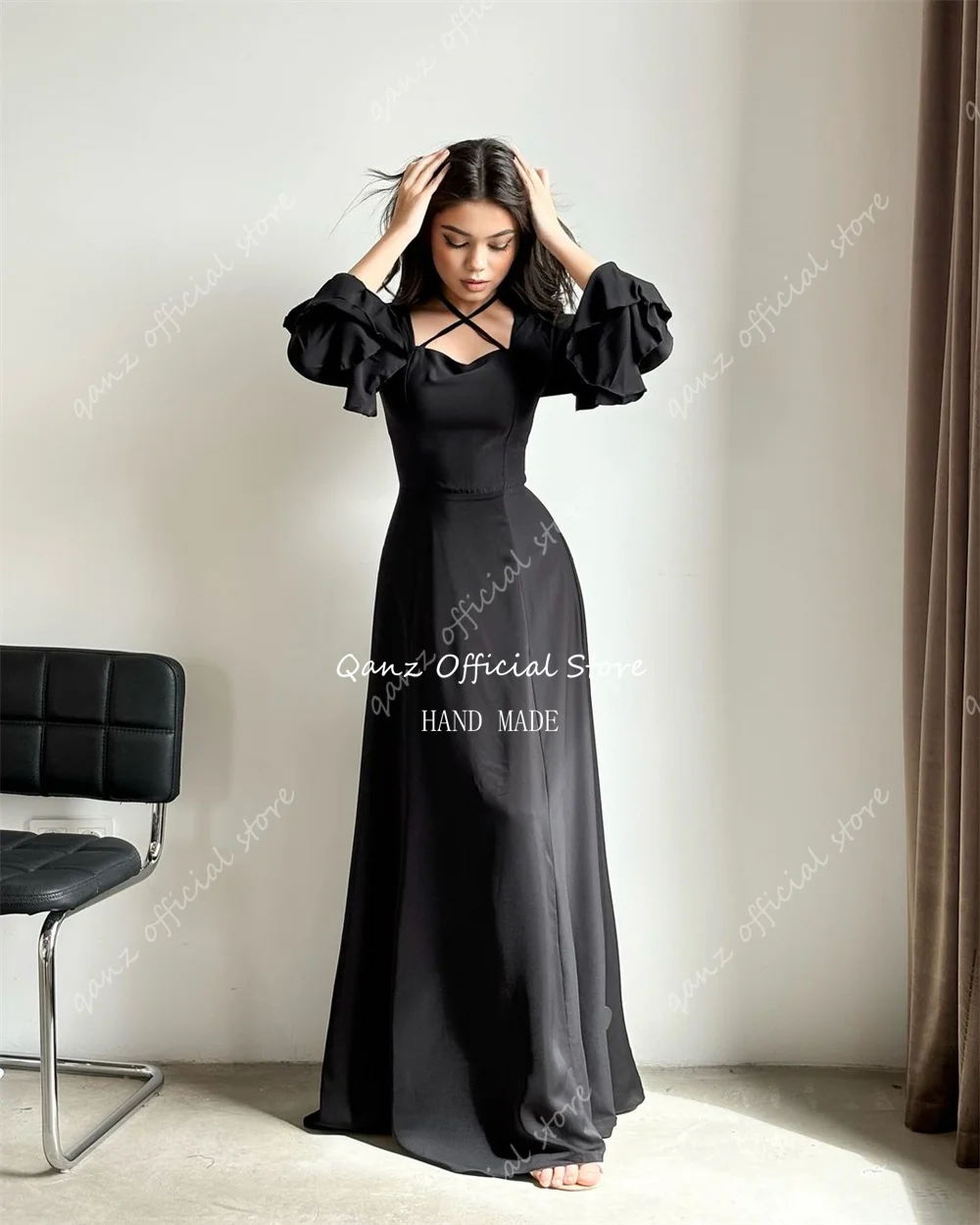 Qanz elegant Halter Neck Evening Dresses Black Long Satin Full Sleeves Vestido De Gala 2024 Dubai Luxury Dress Customized