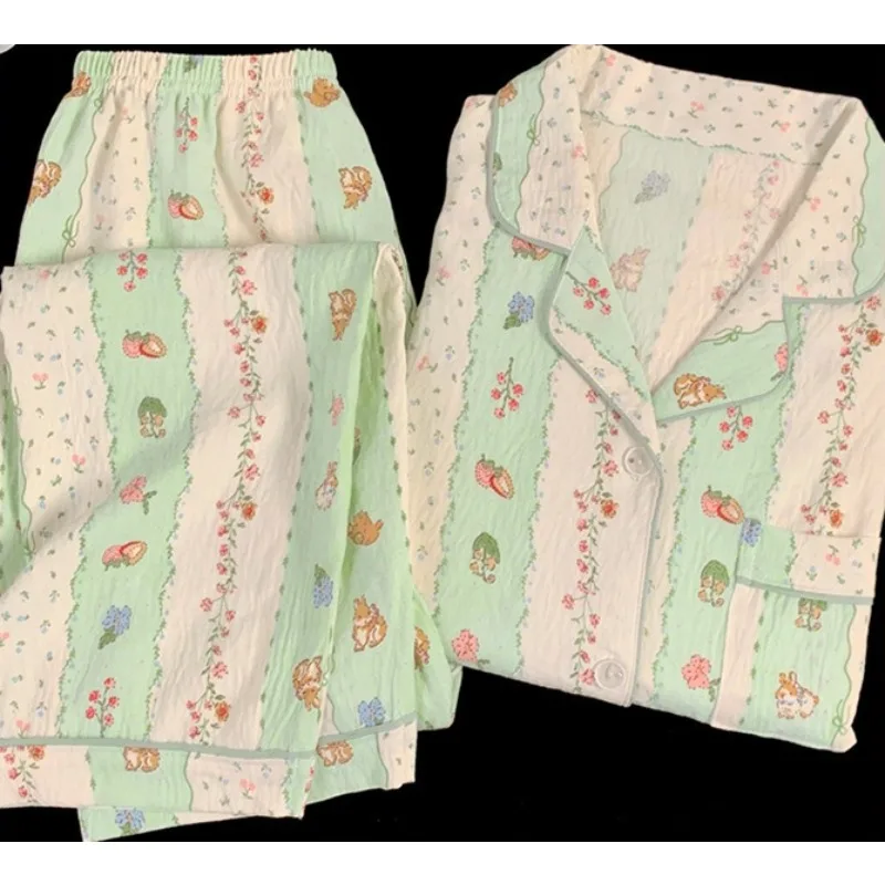 

Four Seasons Women Pajamas Cloud Cotton Floral Stripe Long Sleeve Trousers Print Cardigan Student Nightwear Girl Sleepwear