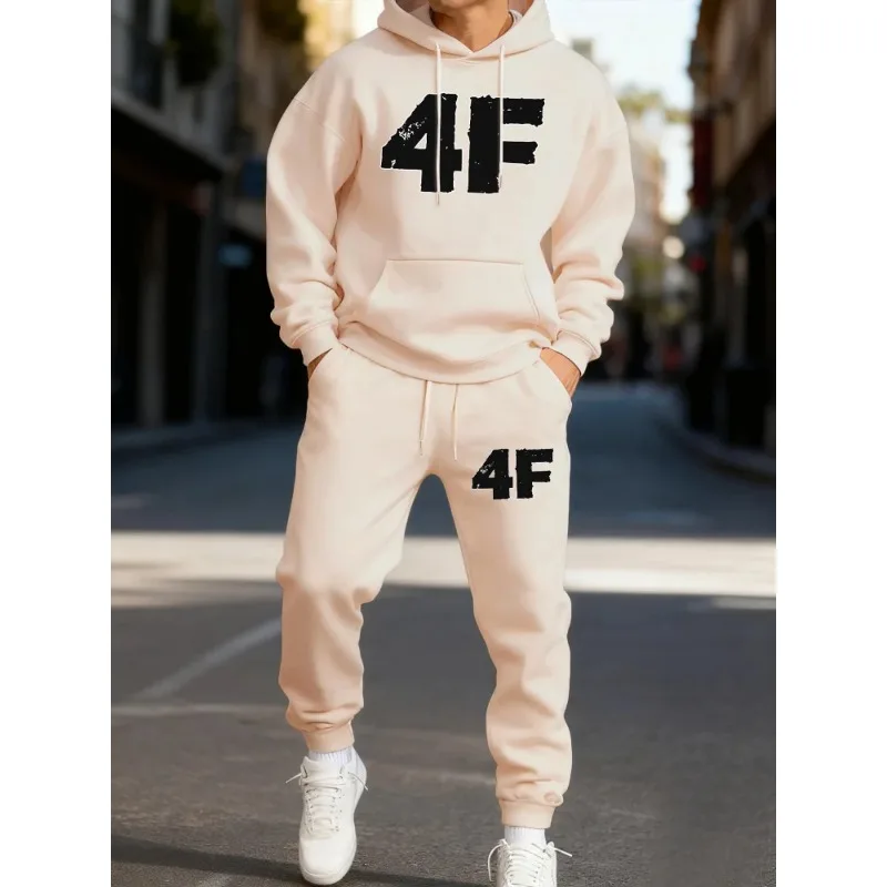 

Men's hooded suit with eye-catching 4F prints, autumn and winter two-piece casual suit, long-length for street running
