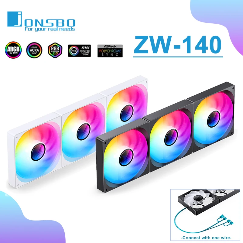 Jonsbo ZW-140 Computer Case Fan ARGB 4PIN PWM PC 140mm Case Cooling Fan 1400rpm Speed Three-unit Fan ZW-140BR Reverse Fan
