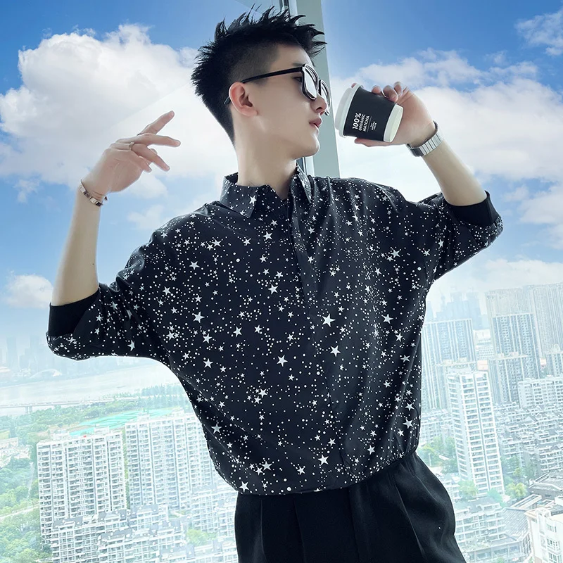

Men's Celestial Star Print Artistic Summer Shirt with Three-Quarter Sleeves Trendy Casual Fashion for Hot Days